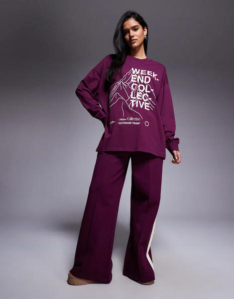  Asos Weekend Collective Top Color Ciruela De Manga Larga Con Estampado Gráfico De Esquí De Montaña De Weekend Collective-morado 