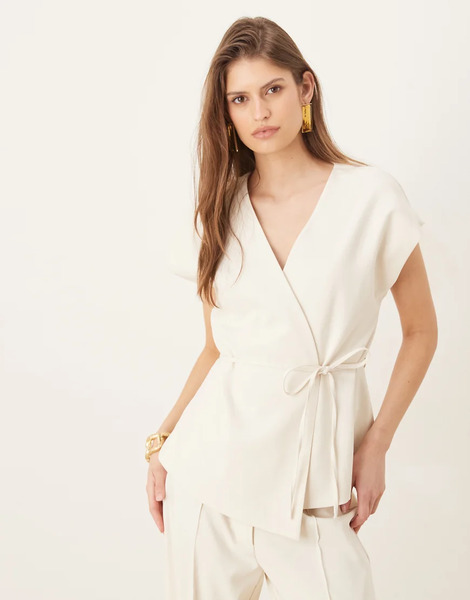 Aware Chaleco Color Crema Con Cuello De Pico Y Lazada En La Cintura De Aware (parte De Un Conjunto)-blanco 