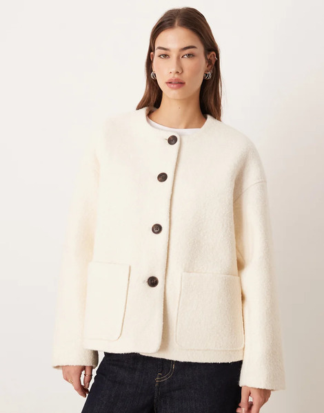  Aware Chaqueta Corta Abotonada En La Parte Delantera De Tejido Texturizado Premium De Mezcla De Lana Aware-blanco 