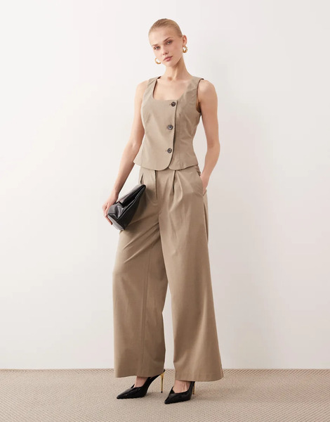  Aware Pantalones Beis Melange De Talle Alto Y Pernera Ancha Con Pinzas Marcadas De Aware (parte De Un Conjunto)-neutro 