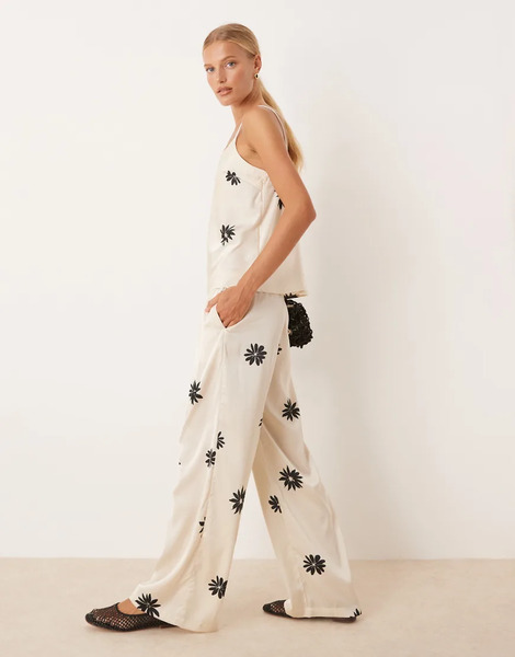  Aware Pantalones De Pernera Ancha Con Estampado Floral Monocromático De Satén De Aware (parte De Un Conjunto)-multicolor 