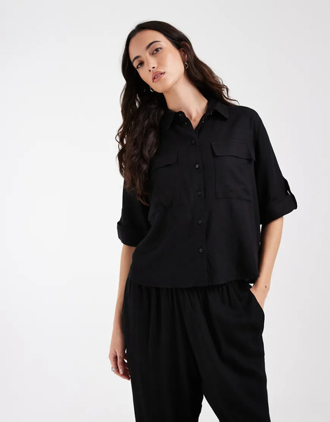  Aware Aware - Parte De Un Conjunto - Camisa Negra De Estilo Safari Con Detalle En Las Mangas De Mezcla De Lino-negro 