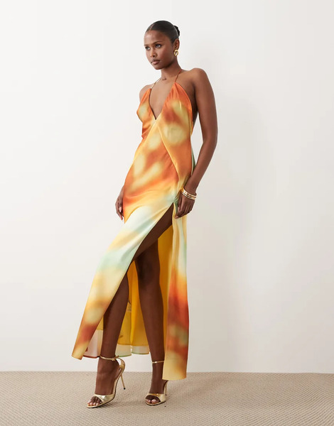 Bardot Bardot - Lizbeth - Vestido Largo Color Amanecer Con Cuello Halter, Abertura Hasta El Muslo Y Estampado Abstracto-naranja 