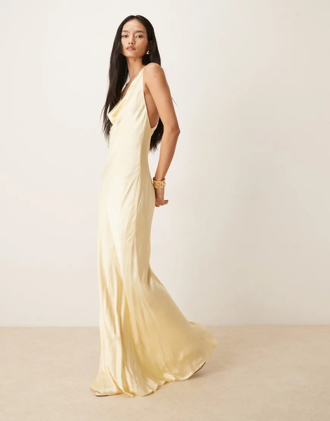  Bardot Vestido Largo Amarillo Limón Con Cuello Desbocado, Espalda Descubierta Con Tirantes Cruzados Y Abertura Hasta El Muslo Anouk De Bardot-blanco 