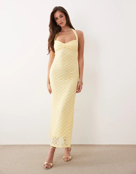  Bardot Vestido Largo Amarillo Limón Con Cuello Halter Y Bordado Floral De Encaje De Mezcla De Algodón Mariko De Bardot 