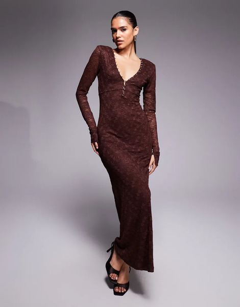  Bardot Vestido Largo Marrón Chocolate Con Cuello De Pico Y Detalle De Botones De Encaje Zenia De Bardot-brown 