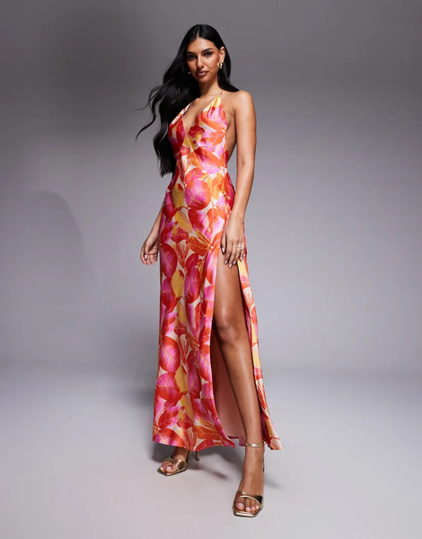  Bardot Vestido Largo Rosa Escotado De Tirantes Con Estampado Floral Y Espalda Descubierta De Satén De Bardot 