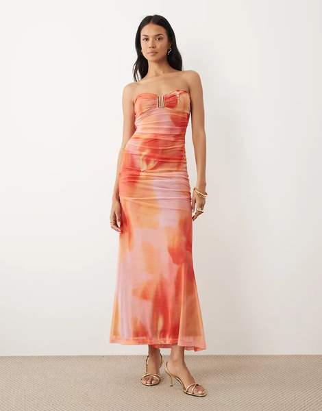  Bardot Bardot - Vestido Largo Rosa Sin Tirantes Con Estampado Abstracto Y Herrajes Metálicos De Malla Stephanie 