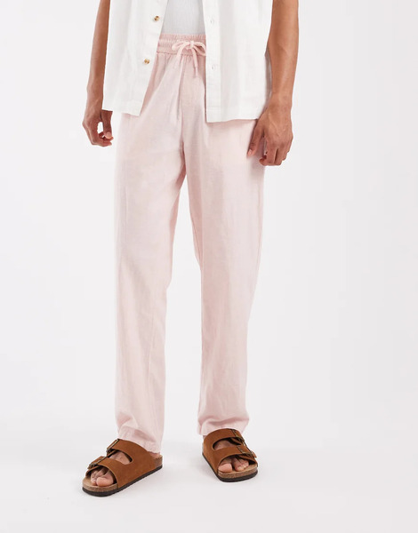  Blend Blend - Pantalones Color Melocotón De Corte Estándar Con Cordón Ajustable En La Cintura De Algodón Y Lino-rosa 