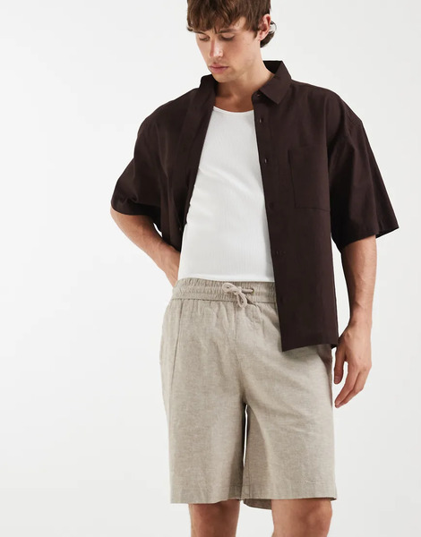  Blend Blend - Pantalones Cortos Beis Empolvado De Corte Estándar Con Cordón Ajustable En La Cintura De Algodón Y Lino-neutro 
