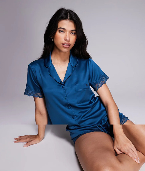  Boux Avenue Conjunto Color Cerceta Oscuro De Pantalones Cortos Y Top Con Cuello De Solapas De Satén Mate Amelie De Boux Avenue-azul 
