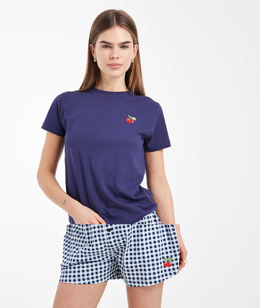  Brave Soul Pijama Azul Marino De Camiseta Y Pantalones Cortos A Cuadros Con Bordado De Cerezas De Algodón De Brave Soul 