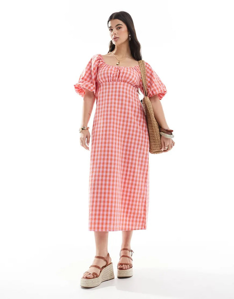  Brave Soul Vestido De Estilo Mesonera A Cuadros Vichy Rosas Y Naranjas Con Mangas Abullonadas De Brave Soul-rojo 
