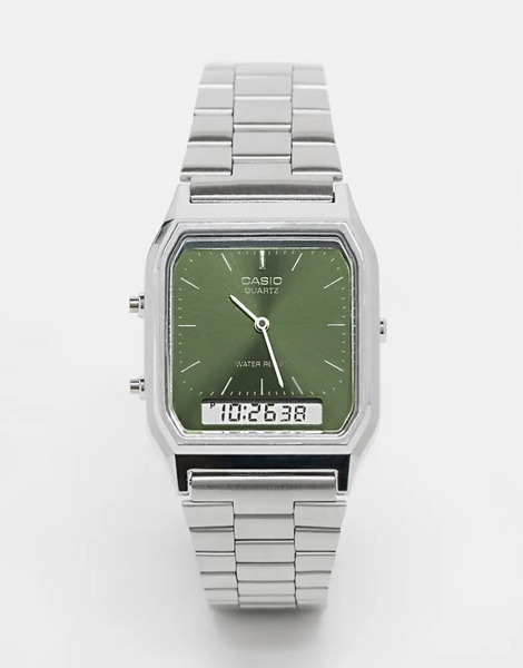  Casio Reloj Plateado Con Esfera Verde De Acero Inoxidable De Casio 
