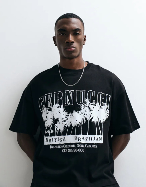  Cernucci Cernucci - Camiseta Negra De Corte Cuadrado Con Estampado Gráfico De Palmera Y Logo En La Parte Delantera De 100% Algodón-negro 