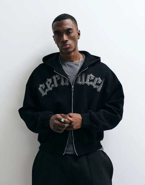  Cernucci Cernucci - Sudadera Negra De Corte Cuadrado Con Capucha, Cremallera Y Logo Adornado Con Strass De 100% Algodón-negro 