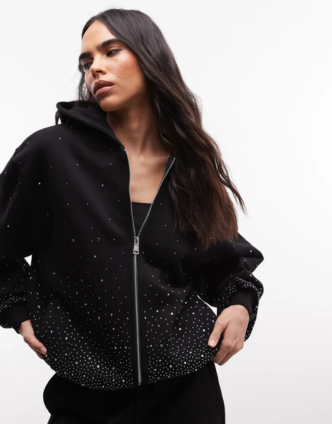  Cernucci Cernucci - Sudadera Negra Extragrande Con Capucha, Cremallera Y Abalorios De Pedrería (parte De Un Conjunto)-negro 