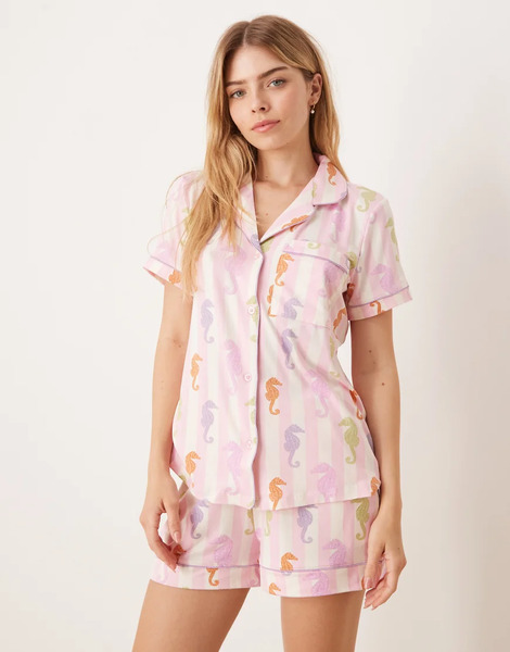  Chelsea Peers Pijama De Camisa De Manga Corta Con Solapas Y Pantalones Cortos Con Estampado De Caballitos De Mar Y Rayas De Poliéster De Chelsea Peers-rosa 