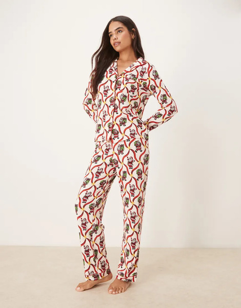  Chelsea Peers Pijama De Manga Larga Con Cuello De Solapas Y Estampado Navideño De Bastón De Caramelo Y Papá Noel De Poliéster Exclusivo De Chelsea Peers-blanco 