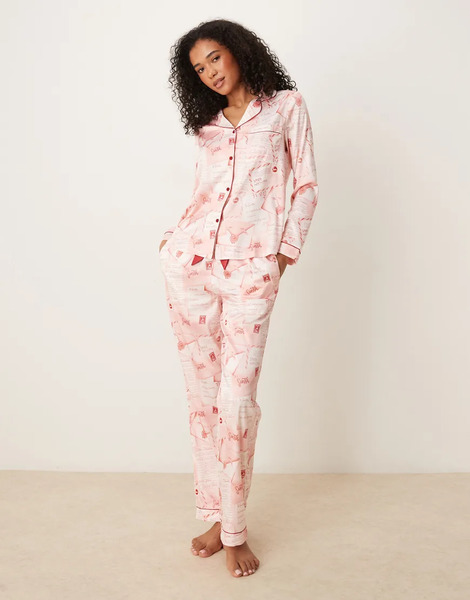  Chelsea Peers Pijama De Manga Larga Con Estampado De Cartas A Papá Noel Y Cuello De Solapas De Satén De Chelsea Peers-rosa 