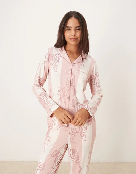  Chelsea Peers Pijama De Manga Larga Con Estampado De Rayas Y Leopardos Y Cuello De Solapas De Poliéster De Chelsea Peers-rosa 
