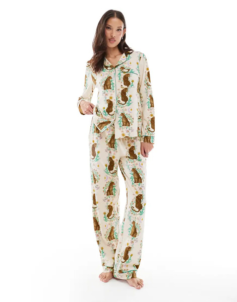  Chelsea Peers Pijama De Top De Manga Larga Con Solapas Y Pantalones Con Estampado Botánico De Tigres De Chelsea Peers-blanco 