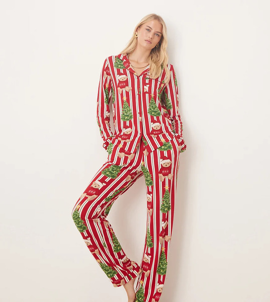  Chelsea Peers Tall Pijama De Manga Larga Con Cuello De Solapas Y Estampado De Rayas Y Oso De Peluche Para Navidad De Poliéster De Chelsea Peers Tall-rojo 