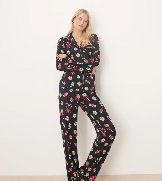  Chelsea Peers Tall Pijama De Manga Larga Con Estampado De Caramelos Y Cuello De Solapas De Poliéster Para Navidad De Chelsea Peers Tall-azul Marino 