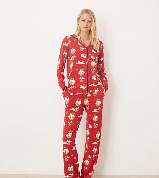  Chelsea Peers Tall Pijama De Manga Larga Con Estampado De Globo De Postre Y Cuello De Solapas De Poliéster Para Navidad De Chelsea Peers Tall-rojo 