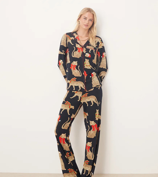 Chelsea Peers Tall Pijama De Manga Larga Con Estampado De Leopardos Y Cuello De Solapas De Poliéster Para Navidad De Chelsea Peers Tall-azul Marino 
