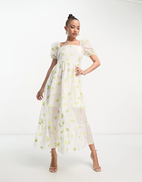  Collective The Label Vestido De Tarde Color Marfil Con Mangas Abullonadas Y Estampado Floral De Organza De Collective The Label-blanco 
