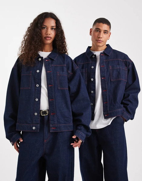  Collusion Chaqueta Vaquera De Corte Cuadrado Con Lavado Enjuagado De La Colección Circular Design De Collusion Unisex-azul Marino 