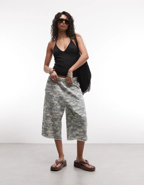  Collusion Collusion - Pantalones Cortos De Corte Holgado Alargado Con Estampado De Camuflaje Lavado De Punto Liso-verde 