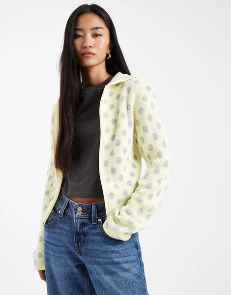  Collusion Sudadera Con Capucha, Cremallera, Diseño Encogido Y Estampado De Lunares De Punto De Collusion-amarillo 