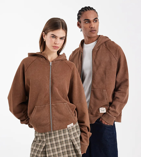  Collusion Sudadera Marrón Lavado Unisex De Corte Cuadrado Con Capucha Y Cremallera De Tejido Grueso De Collusion Circular Design Collection-brown 