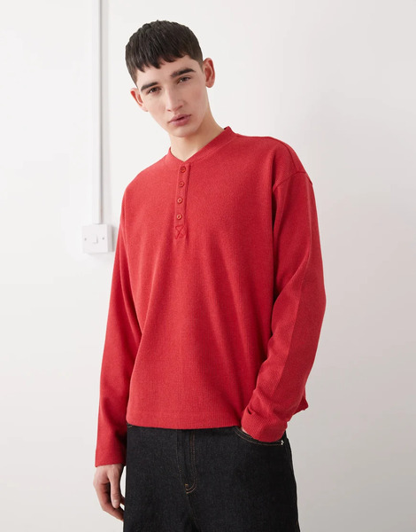  Collusion Collusion - Top Rojo Lavado De Manga Larga Y Corte Cuadrado Extragrande Con Cuello Panadero De Tejido Grueso De Piqué 