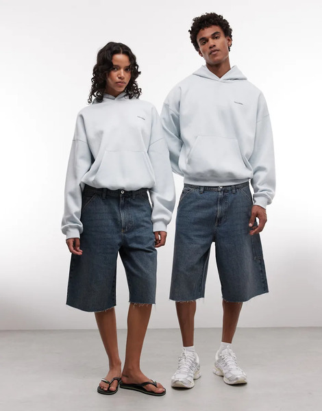  Collusion Collusion Unisex - Pantalones Cortos De Corte Alargado Con Lavado Medio, Estampado, Bolsillos En Contraste Y Bajo Sin Rematar-azul 