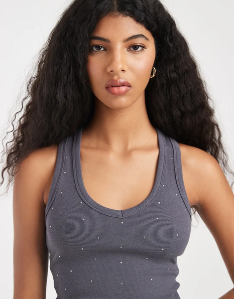  Cotton On Camiseta Color Sombra Lunar De Tirantes Con Espalda De Nadadora Y Detalles De Strass De Cotton On-gris 