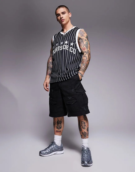  Courtside Pantalones Cortos Cargo Negros Holgados Con Estampado De Camuflaje Y Detalles Desgastados De Courtside 
