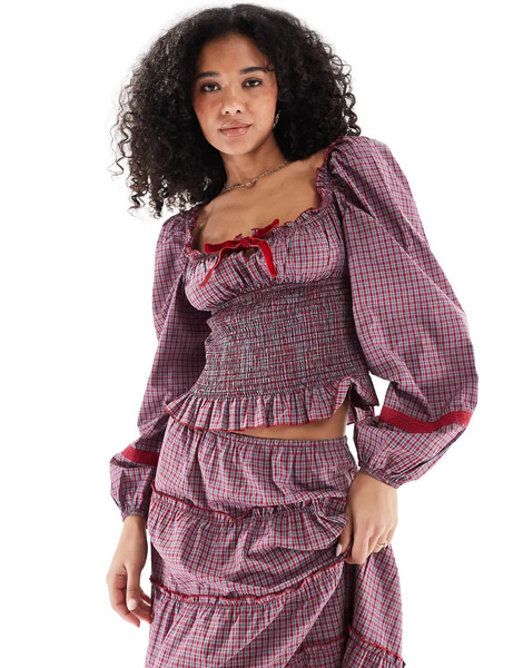  Daisy Street Blusa Roja A Cuadros De Manga Larga Con Cuerpo Fruncido Y Cuello Ancho De Daisy Street (parte De Un Conjunto)-rojo 