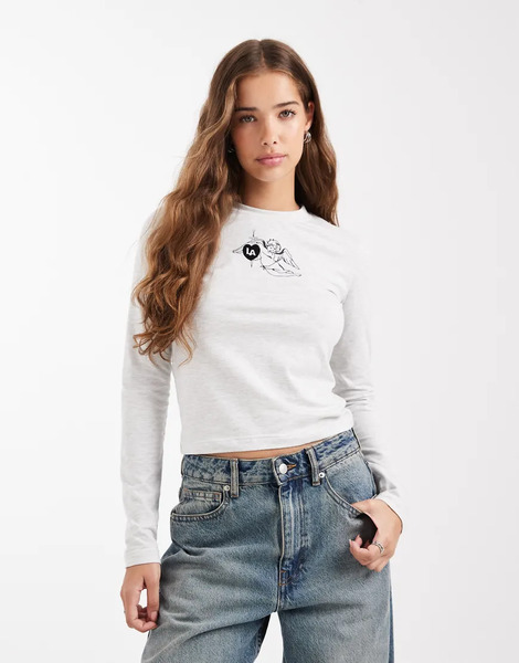  Daisy Street Camiseta Blanca De Manga Larga Con Diseño Encogido Y Estampado Gráfico De ángel De Daisy Street-gris 