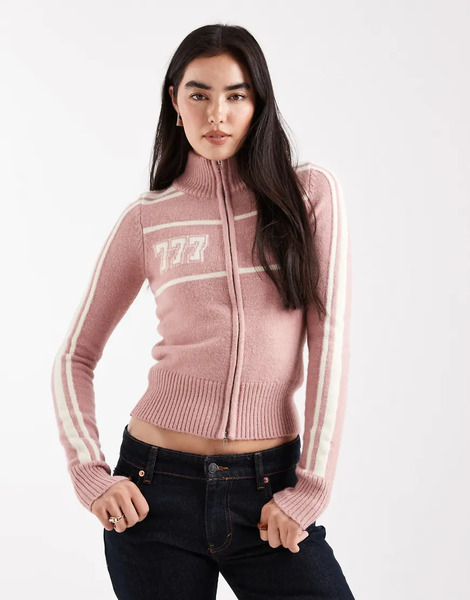  Daisy Street Jersey Rosa Y Color Crema Con Estampado Del Número Del ángel, Cuello Alto Y Cremallera De Punto De Daisy Street 