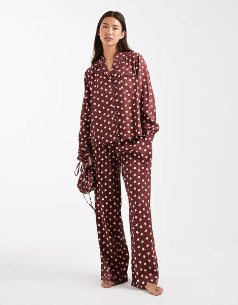  Daisy Street Pijama Burdeos De Camisa Y Pantalones Sin Cierres Con Estampado De Estrellas Y Bolsa A Juego De Daisy Street-rojo 