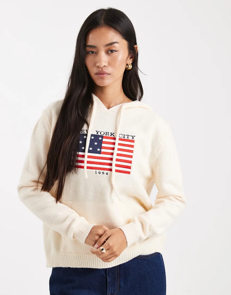  Daisy Street Sudadera Color Crema Sin Cierres Con Capucha, Aplicación De Bandera Y Bordado De Canalé Ancho De Daisy Street-blanco 
