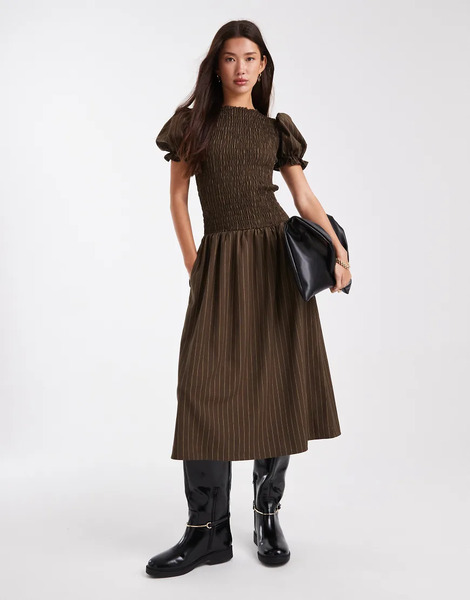  Daisy Street Vestido Largo Marrón Con Raya Diplomática Amarilla, Mangas Abullonadas Y Cintura Baja De Daisy Street-multicolor 