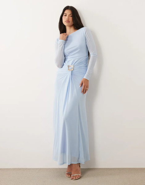  Daska Vestido Largo Azul Cielo Con Cuello Recto Y Detalle De Ribete Anudado En La Parte Delantera De Daska-blanco 