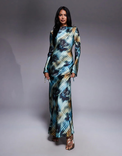  Daska Vestido Largo Azul Cobalto Con Estampado De Cuadros Escoceses Abstractos De Satén De Daska-multicolor 