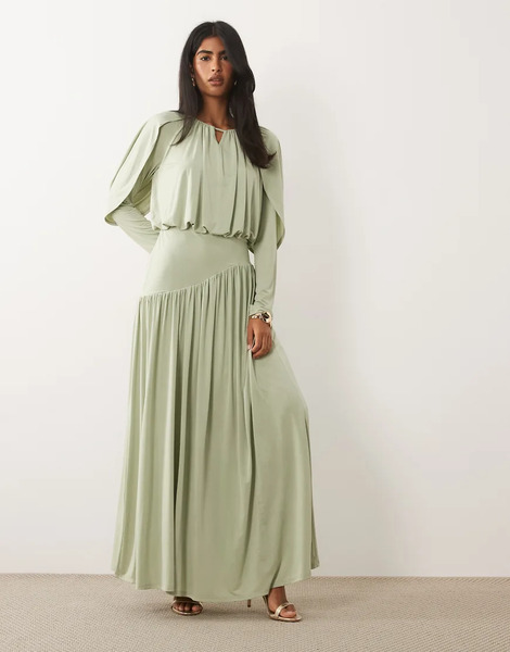  Daska Daska - Vestido Largo Verde Salvia Fruncido Con Cintura Baja Asimétrica Y Abertura En Forma De Cerradura 