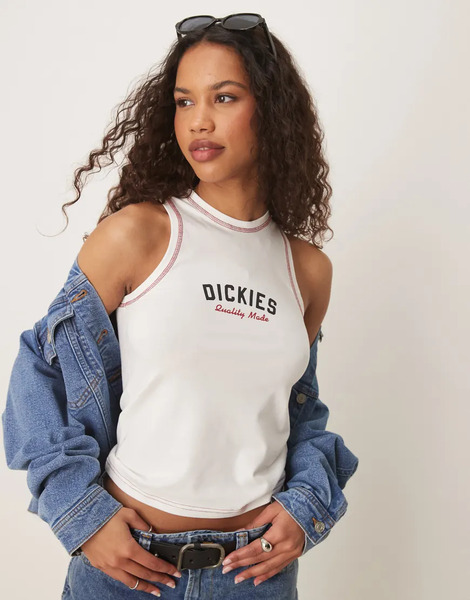  Dickies Camiseta Blanco Hueso Sin Mangas De Corte Alargado Con Espalda De Nadadora Y Logo Central De Dickies 
