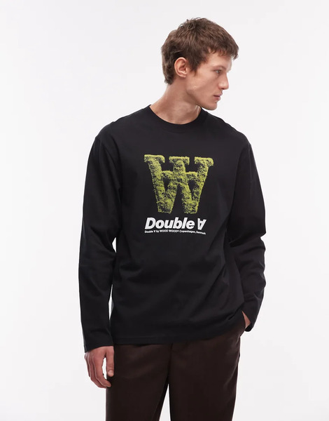  Double A By Wood Wood Camiseta Negra De Manga Larga Con Logo De Musgo Exclusivo De 100% Algodón De Double A By Wood Wood-negro 